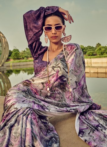 Glorious Digital Print Satin Purple Contemporary Saree