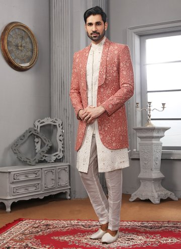 Glorious Embroidered Lucknowi Off White and Red Jacket Style
