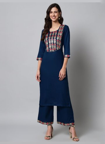Glorious Embroidered Rayon Navy Blue Party Wear Kurti