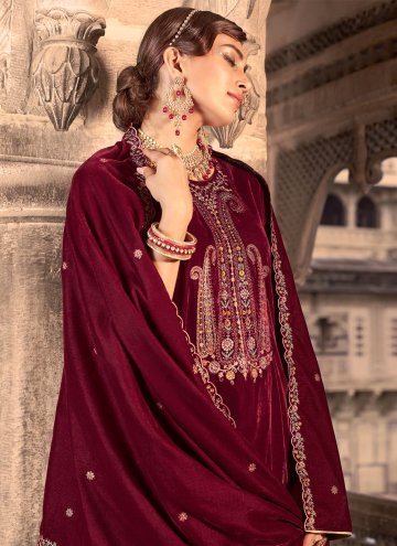 Glorious Embroidered Velvet Maroon Palazzo Suit