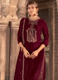 Glorious Embroidered Velvet Maroon Palazzo Suit - 2