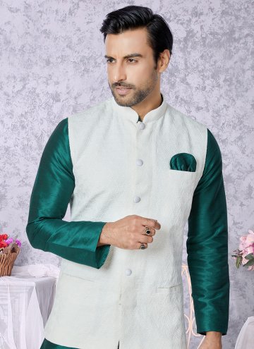 Glorious Green and Off White Banarasi Fancy work Kurta Payjama With Jacket