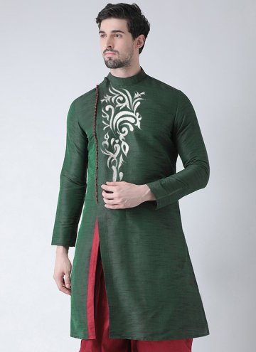 Glorious Green Art Dupion Silk Embroidered Angarkh