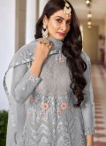 Glorious Grey Net Embroidered Floor Length Suit - 1