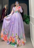 Glorious Lavender Tussar Silk Floral Print Designer Gown - 1