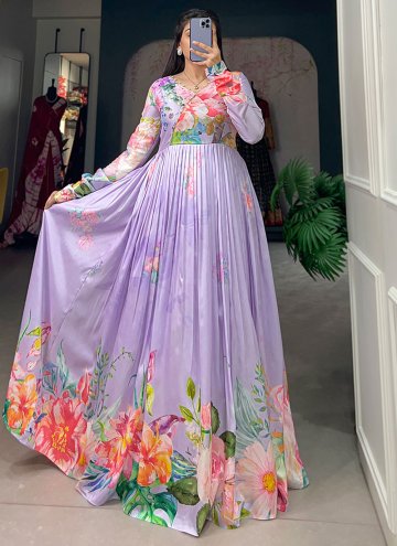 Glorious Lavender Tussar Silk Floral Print Designer Gown