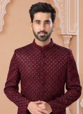 Glorious Maroon Jacquard Embroidered Indo Western Sherwani - 1