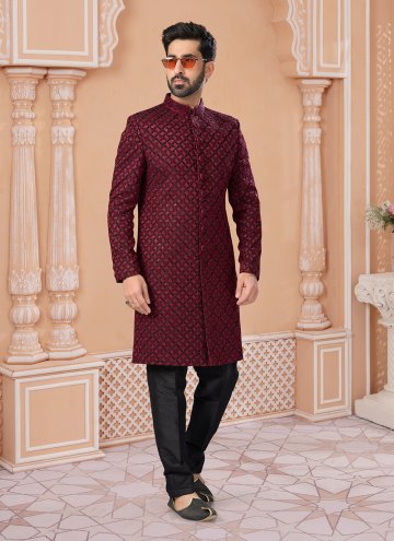 Glorious Maroon Jacquard Embroidered Indo Western Sherwani