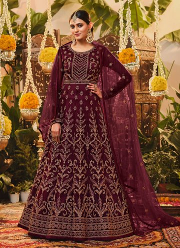 Glorious Maroon Net Embroidered Floor Length Suit 