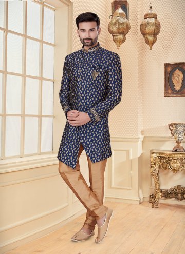 Glorious Navy Blue Fancy Fabric Embroidered Indo Western for Ceremonial