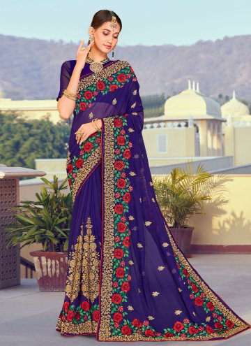 Glorious Navy Blue Georgette Embroidered Trendy Saree