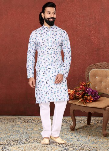 Glorious Off White Cotton  Digital Print Kurta Pyjama for Engagement