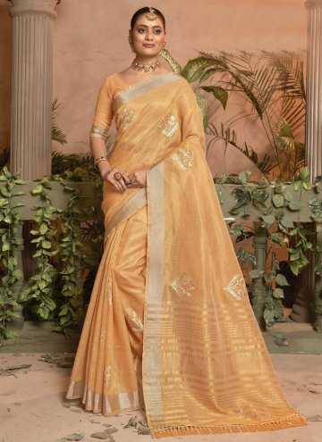 Glorious Orange Cotton Silk Embroidered Designer Saree