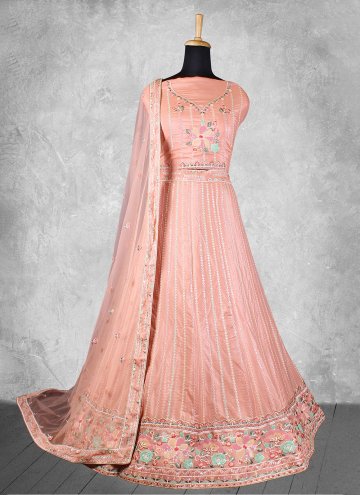 Glorious Peach Georgette Embroidered A Line Leheng