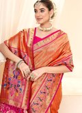Glorious Peach Handloom Silk Jacquard Work Classic Designer Saree for Ceremonial - 1