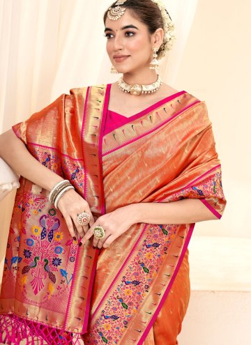 Glorious Peach Handloom Silk Jacquard Work Classic Designer Saree for Ceremonial