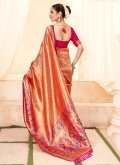 Glorious Peach Handloom Silk Jacquard Work Classic Designer Saree for Ceremonial - 2