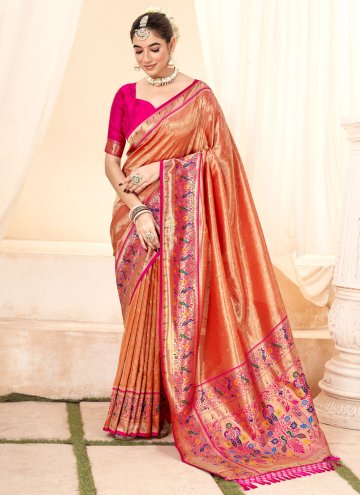 Glorious Peach Handloom Silk Jacquard Work Classic Designer Saree for Ceremonial