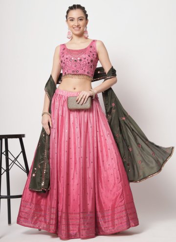 Glorious Pink Chinon Mukesh A Line Lehenga Choli for Engagement