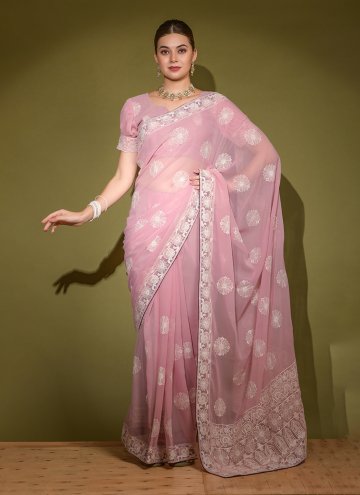 Glorious Pink Faux Georgette Embroidered Trendy Saree