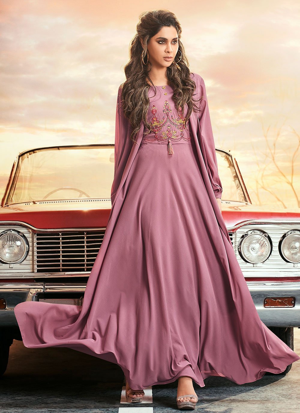 Glorious Pink Georgette Embroidered Readymade Designer Gown