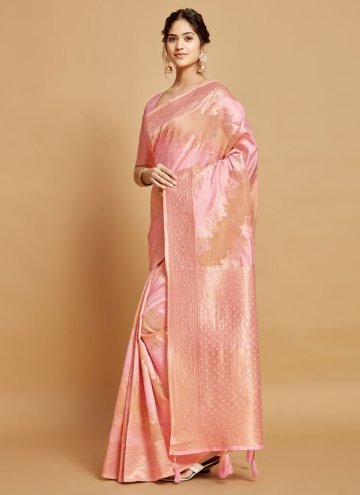 Glorious Pink Linen Woven Traditional Saree