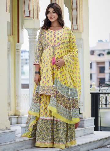 Glorious Printed Cotton  Yellow Salwar Suit