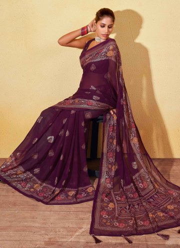 Glorious Purple Georgette Foil Print Trendy Saree