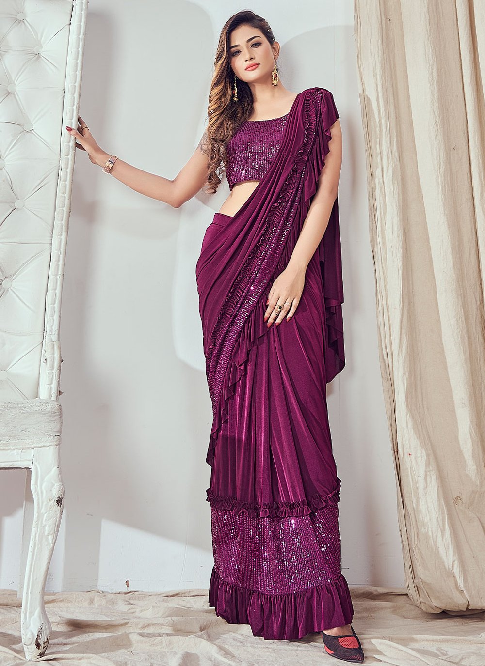 Glorious Purple Imported Sequins Work Trendy Saree