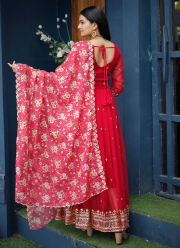 Glorious Red Faux Georgette Embroidered Gown