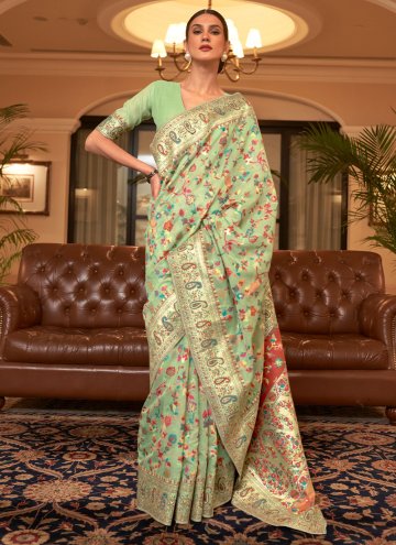 Glorious Sea Green Handloom Silk Woven Designer Sa