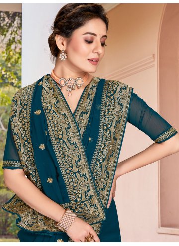 Glorious Teal Georgette Embroidered Contemporary Saree