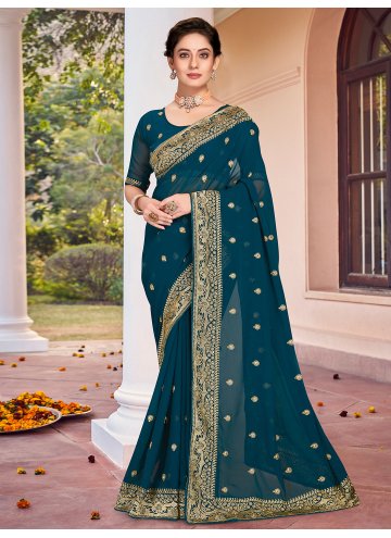 Glorious Teal Georgette Embroidered Contemporary Saree