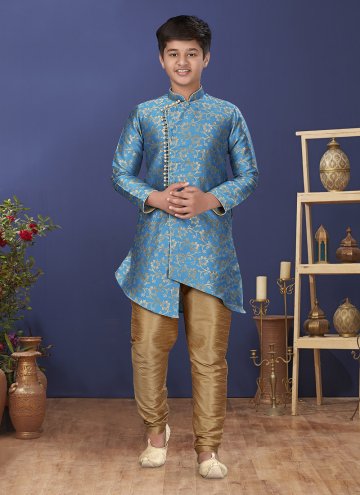 Glorious Turquoise Silk Jacquard Work Indo Western