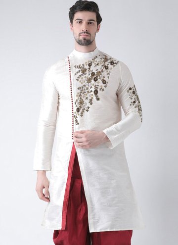 Glorious White Art Dupion Silk Embroidered Angarkha