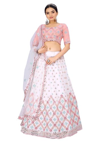 Glorious White Georgette Embroidered A Line Leheng