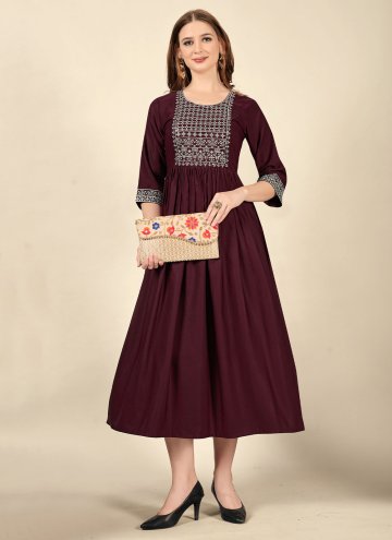 Glorious Wine Cotton  Embroidered Party Wear Kurti