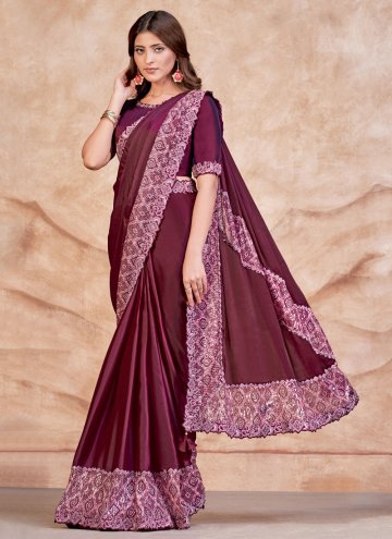 Glorious Wine Satin Silk Embroidered Trendy Saree