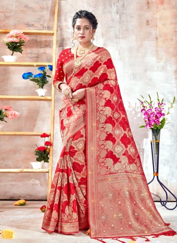 Glorious Woven Organza Red Designer Saree