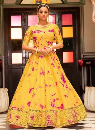 Glorious Yellow Cotton  Embroidered Designer Gown