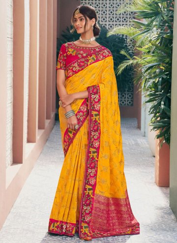 Glorious Yellow Silk Embroidered Contemporary Saree