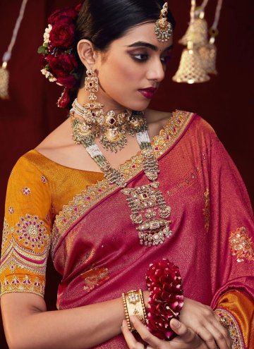 Gold and Magenta Traditional Saree in Art Silk with Dimond