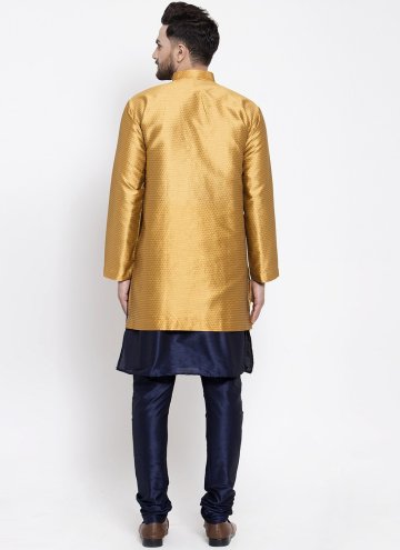 Gold and Navy Blue Art Dupion Silk Fancy work Kurta Payjama With Jacket for Ceremonial