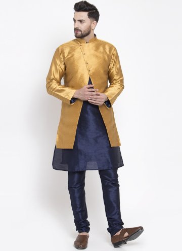 Gold and Navy Blue Art Dupion Silk Fancy work Kurta Payjama With Jacket for Ceremonial