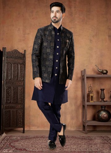 Gold and Navy Blue Indo Western in Jacquard with E