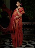 Gold and Red color Kanjivaram Silk Designer Saree with Woven - 1