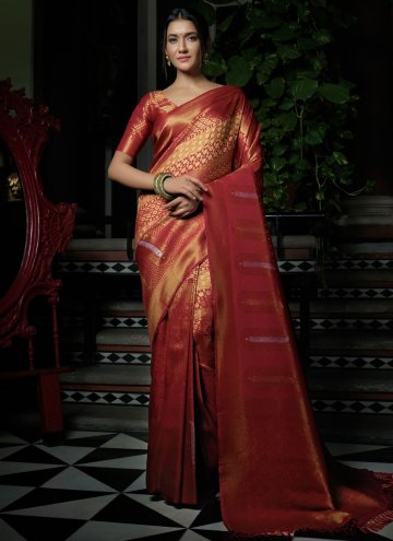 Gold and Red color Woven Kanjivaram Silk Classic Designer Saree
