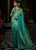 Gold and Turquoise Kanjivaram Silk Woven Designer Saree - 1