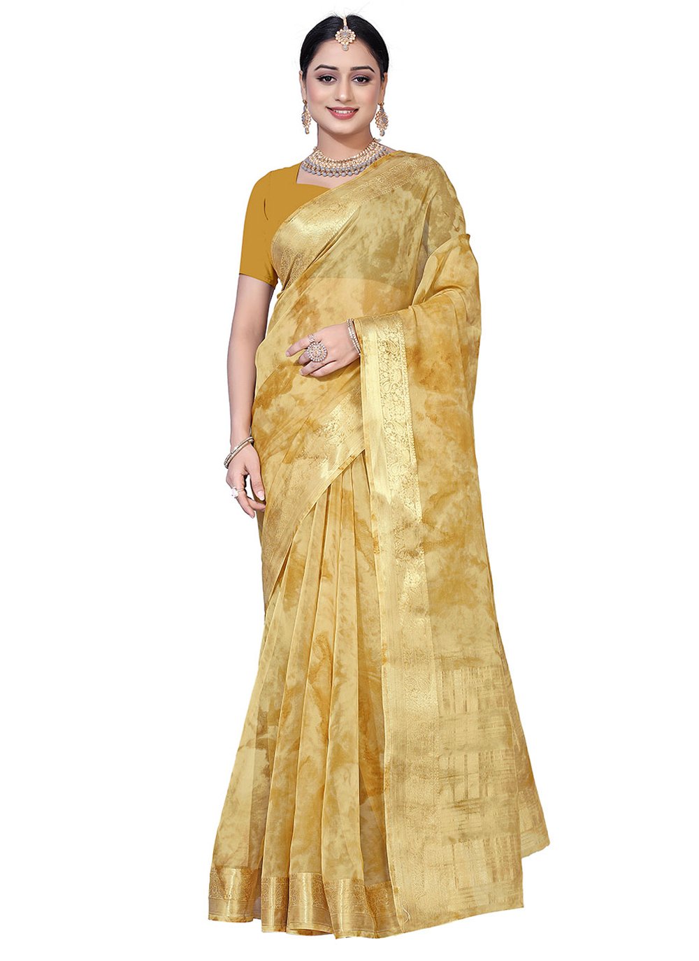 Gold Classic Designer Saree in Cotton  with Border