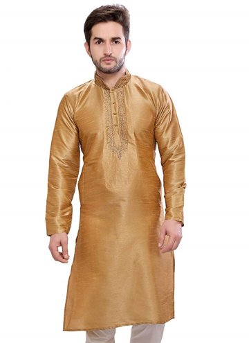 Gold color Art Dupion Silk Kurta with Embroidered